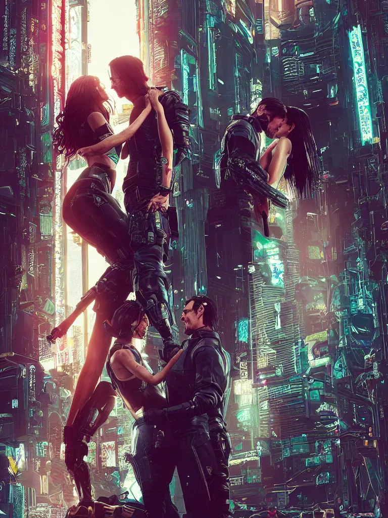 Prompt: a cyberpunk 2077 srcreenshot wedding couple portrait of Keanu Reeves and female android final kiss,love,film lighting,by Laurie Greasley,Lawrence Alma-Tadema,Dan Mumford,John Wick,Speed,Replicas,artstation,deviantart,FAN ART,full of color,Digital painting,face enhance,highly detailed,8K,octane,golden ratio,cinematic lighting