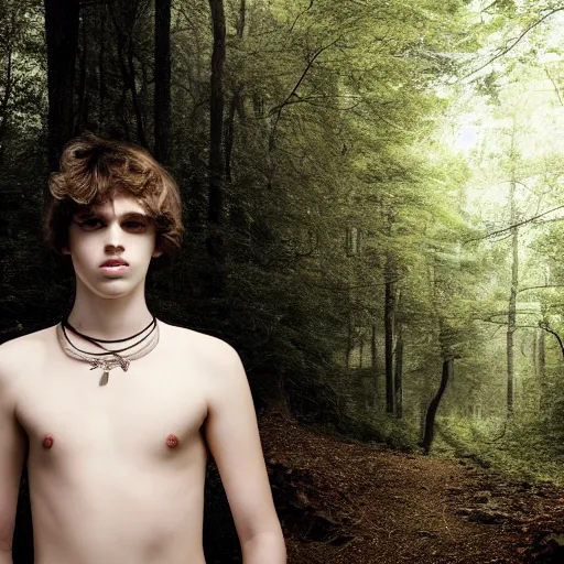 Image similar to a teenage boy, around 1 9 yo. choker necklace. natural brown hair. loincloth, pale skin. detailed face. ominous and eerie looking forest i'm background. natural colors.