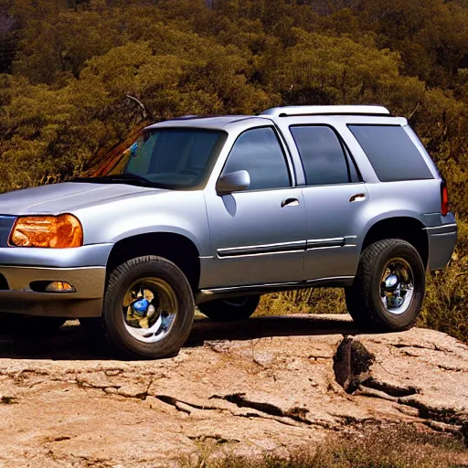 Prompt: a 2 0 0 3 chevy tahoe, parked at the top of a mountain in mexico, photography