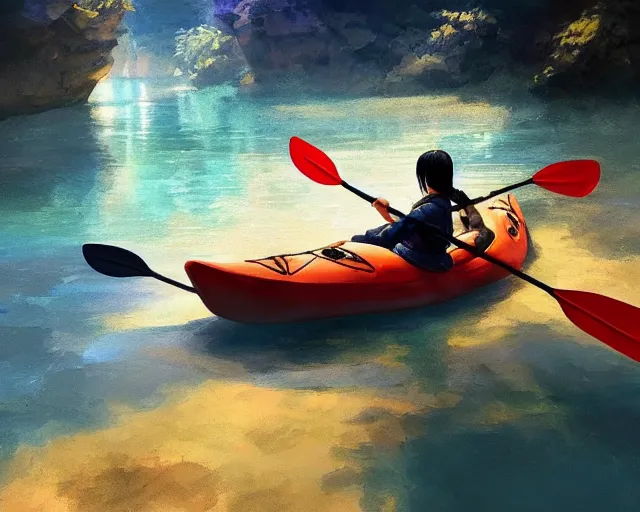 Image similar to a kayak in a river. blue water, atmospheric lighting. by makoto shinkai, stanley artgerm lau, wlop, rossdraws, james jean, andrei riabovitchev, marc simonetti, krenz cushart, sakimichan, d & d trending on artstation, digital art.