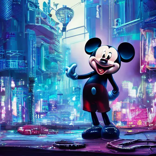 Image similar to a group of people standing around a mickey mouse, cyberpunk art by david lachapelle, cgsociety, sots art, dystopian art, reimagined by industrial light and magic, concept art