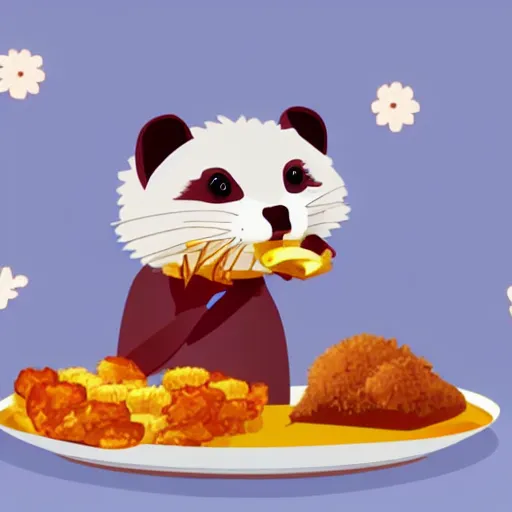 Prompt: a cute animated ferret eating chicken