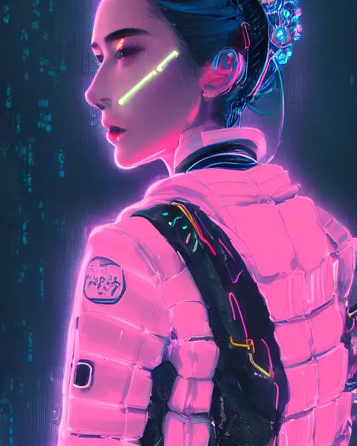 Image similar to detailed side profile portrait Neon Operator Girl, cyberpunk futuristic neon, reflective puffy coat, decorated with traditional Japanese ornaments by Ismail inceoglu dragan bibin hans thoma greg rutkowski Alexandros Pyromallis Nekro Rene Maritte Illustrated, Perfect face, fine details, realistic shaded, fine-face, pretty face