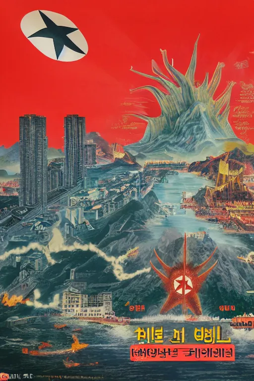 Image similar to a communist propaganda poster of Kim Jong-il and a giant starfish Kaiju monster destroying Pyongyang, traditional Korean city, palace, epic ultrawide shot, cinémascope