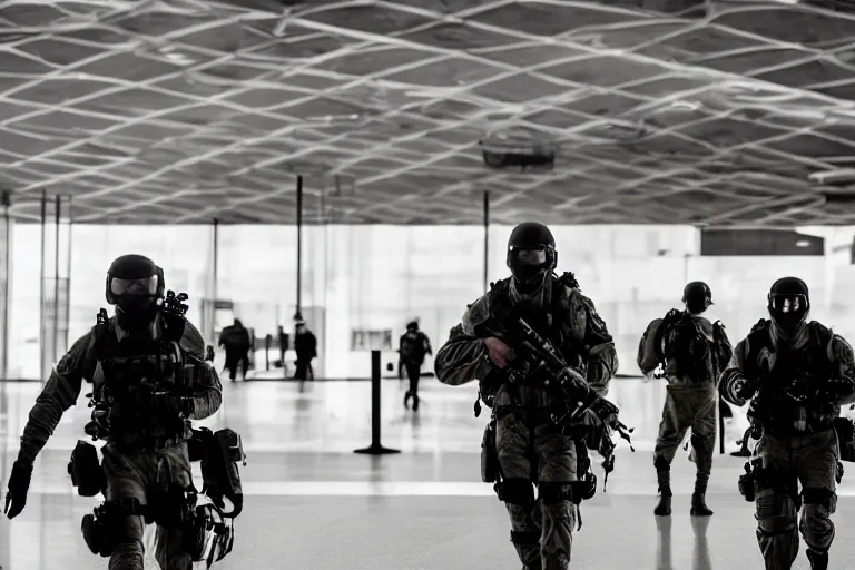 Image similar to Mercenary Special Forces soldiers in grey uniforms with black armored vest and black helmets fighting inside an airport in 2022, Canon EOS R3, f/1.4, ISO 200, 1/160s, 8K, RAW, unedited, symmetrical balance, in-frame, combat photography