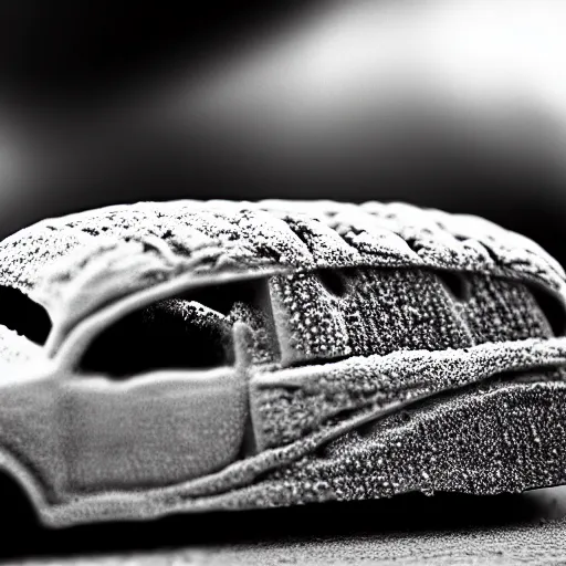 Prompt: car in bread, photograph, 4 k black and white photograph