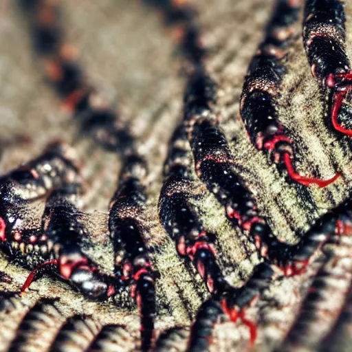 Prompt: centipede with human feet, macro, nature