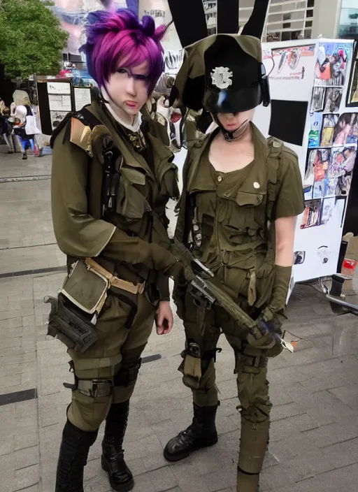 Image similar to hot topic anime convention, military fashion cosplay