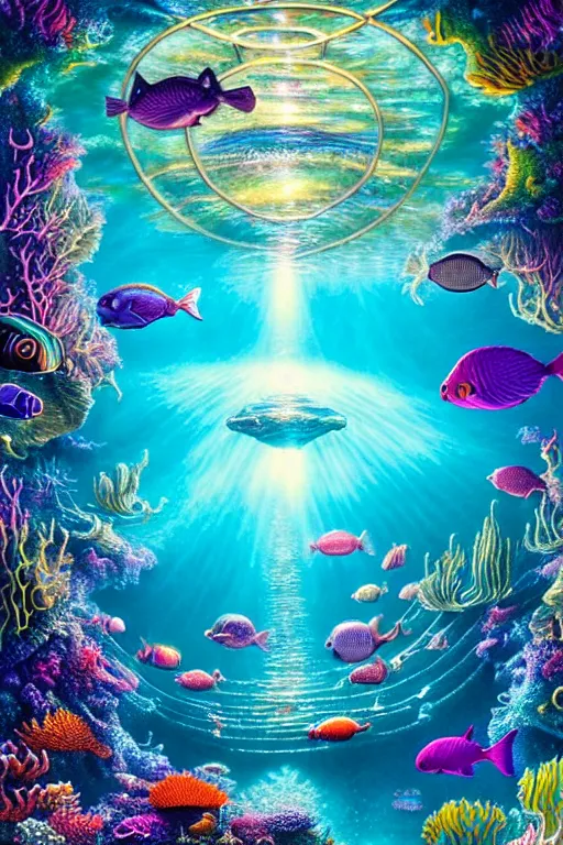 Prompt: a photorealistic detailed image of a beautiful vibrant iridescent underwater seascape of full of colorful aquatic plants and atlantis cityscape, spiritual science, divinity, utopian, by david a. hardy, hana yata, kinkade, lisa frank,