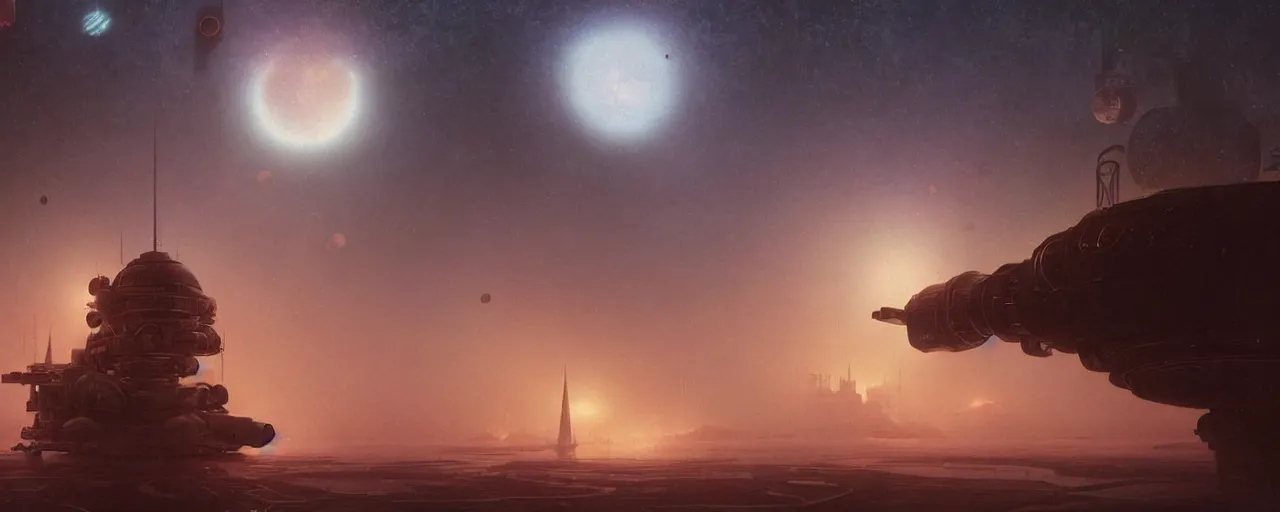 Image similar to ” outer planet with thick fog and distant spaceship dock, [ cinematic, detailed, epic, widescreen, opening, establishing, mattepainting, photorealistic, realistic textures, octane render, art by paul lehr ] ”