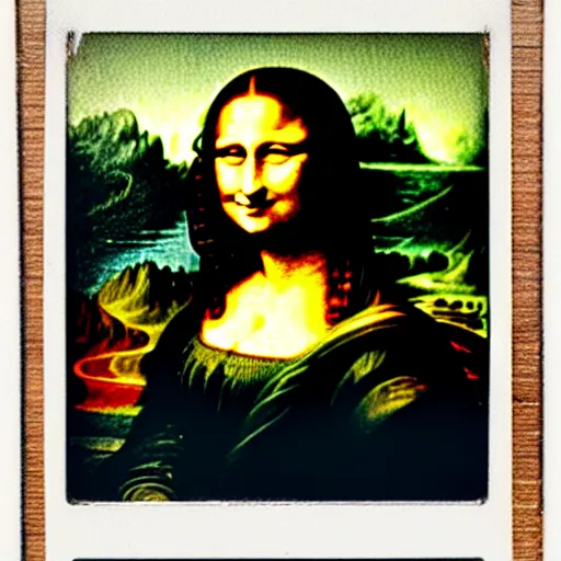 Prompt: polaroid image of the mona lisa on a broken wooden floor.