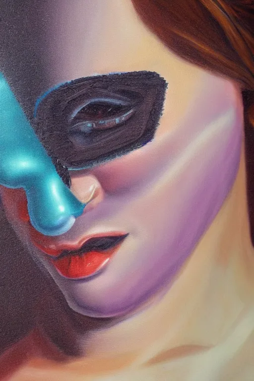 Image similar to hyperrealism oil painting, close - up portrait of commedia dell'arte fashion model, gradient mixed with nebula sky, in style of baroque