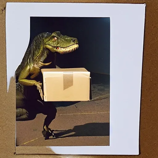 Image similar to polaroid photo of t - rex 🦖 stealing packages