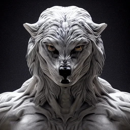 Image similar to a delicate marble sculpture dramatic portrait of a werewolf covered with water veil, highly detailed marble cloth, gi, global illumination, physically based rendering, photorealistic, top light, dark background