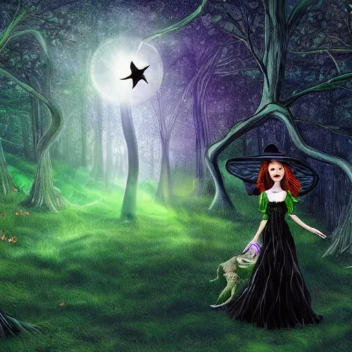 Prompt: A beautiful witch in a green forest, surrounded by different animals, drinking water from a stream, against the background of a shooting star, and a bright supernova, photo realism, 768