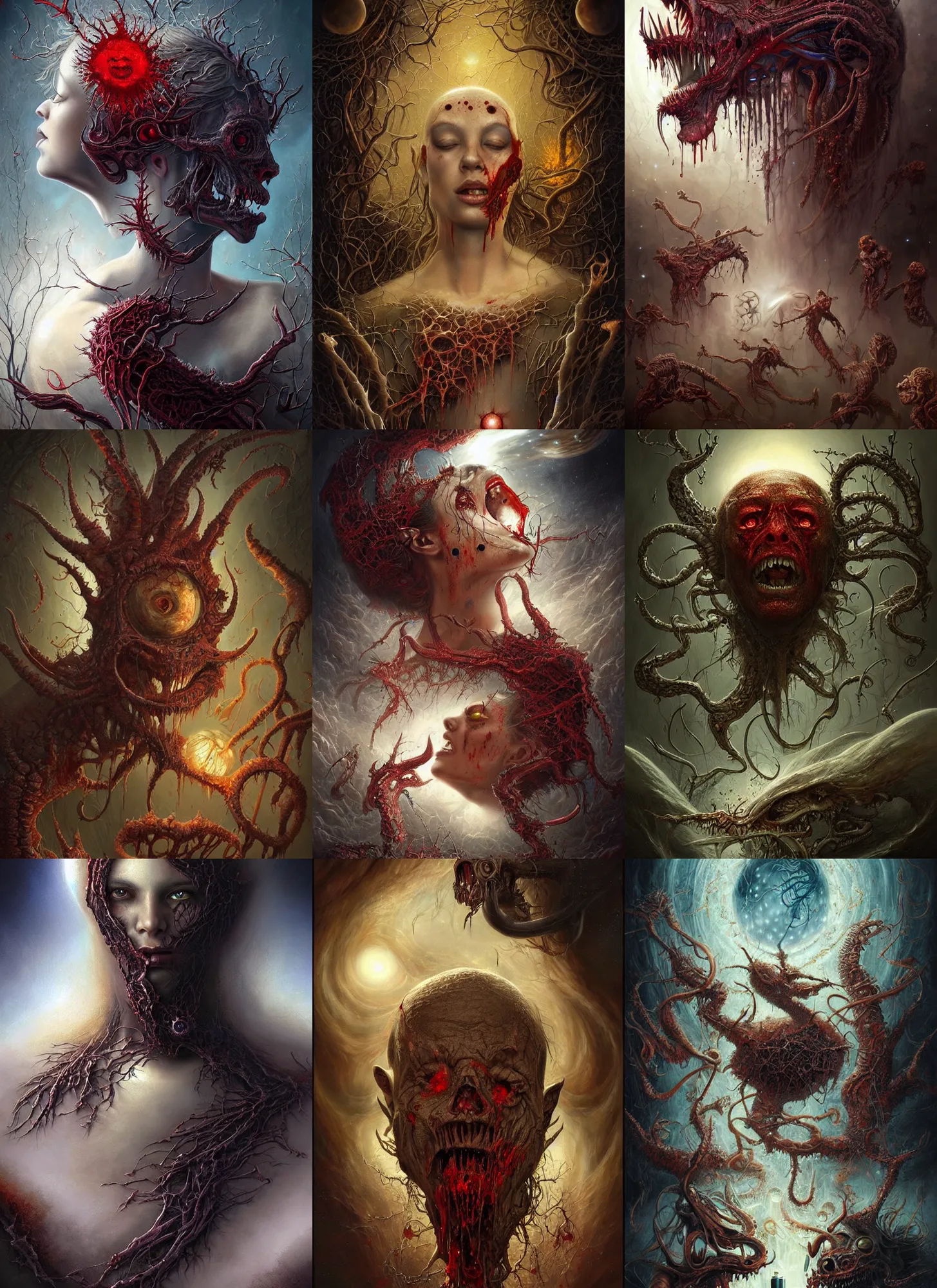 Prompt: ! dream bloody creatures, cosmic horror painting, elegant intricate digital painting artstation concept art by mark brooks and brad kunkle, jakub julian ziolkowski, detailed