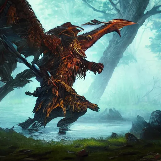 Image similar to Duck warrior, ferocious, woods, magic the gathering artwork, D&D, fantasy, cinematic lighting, centered, symmetrical, highly detailed, digital painting, artstation, concept art, smooth, sharp focus, illustration, volumetric lighting, epic Composition, 8k, art by Akihiko Yoshida and Greg Rutkowski and Craig Mullins, oil painting, cgsociety