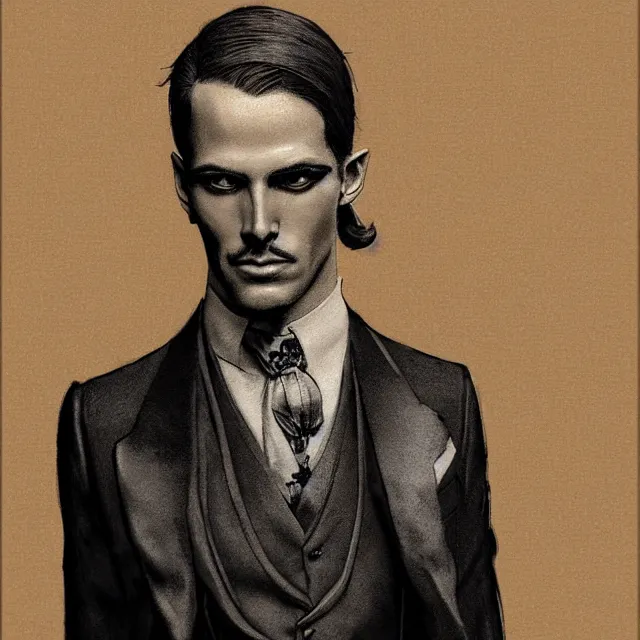 Image similar to photorealistic sepia full - head portrait of a 1 9 2 0 s era smirking male occultist, well dressed, long - tailed tuxedo coat, atmospheric lighting, dark, brooding, painted, intricate by thierry doizon, ultra detailed, well composed, best on artstation, cgsociety, epic, stunning, gorgeous, intricate detail, much wow, masterpiece