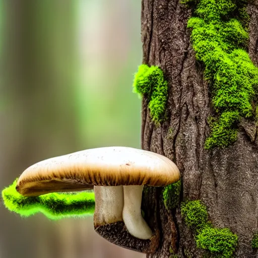 Prompt: mushrooms and moss on a tree in a fairytale forest, close up photography, depth of field, ethereal, pastel tones, macro shot, highly detailed, nature documentry footage