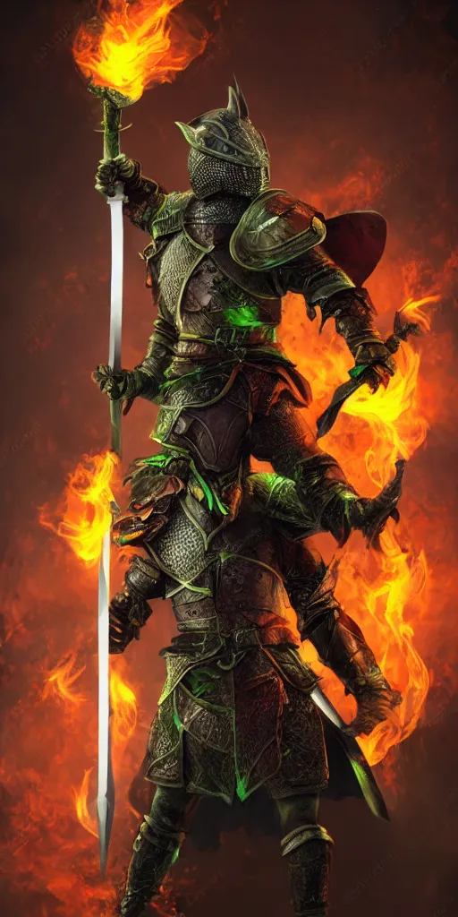 Image similar to full body portrait of half rat knight holding a great sword made of fire, anthropomorphic, prompt:hyper realistic, high detail, photo realistic, cinematic lighting, rendering by octane, spot lighting, in a open field, high quality, coherent. green hue armor