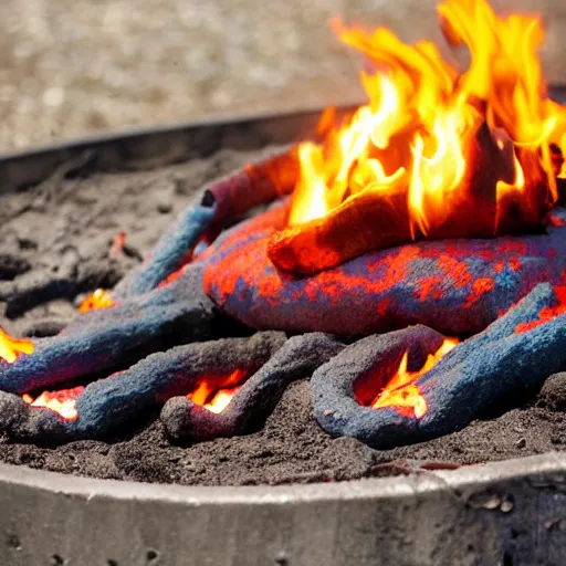 Prompt: stretch Armstrong melting on hot coals
