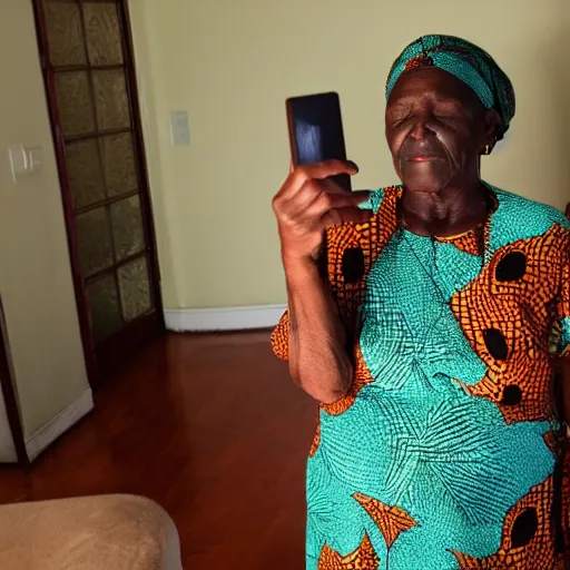 Image similar to my African grandma was taking a selfie in the living room and closed her eyes because the camera flash was too bright in her face