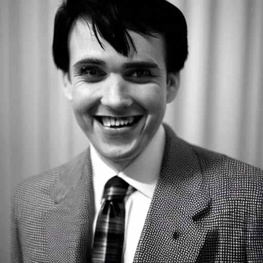 Image similar to a man in a checkered suit looking at the camera for a photo with a twisted smile and with short medium black hair and no facial hair, and the photo is in black and white ( high detailed photograph, greatly illustrated, good quality )