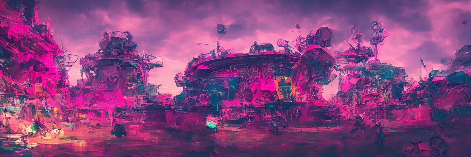 Prompt: space, dog, run, pirate neon ship with punks on board, mohawks, neon, oil painting, pink, rich deep colors masterpiece, ultra detailed, contrast, heaven pink, lots of roman arches, punk rock with mohawks, clouds, sky, volumetric light, atmospheric lighting, dramatic, cinematic, moody, octane render 4 k, 8 k