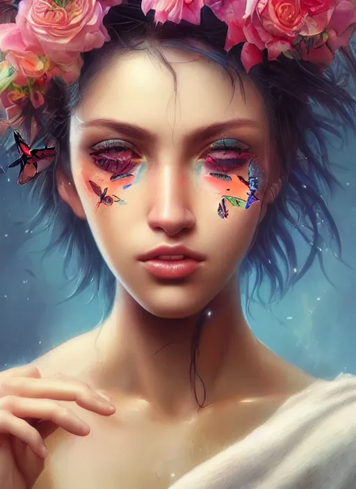 Prompt: beautiful, young woman, extremely detailed gorgeous face, looks realistic, hyper-detailed portrait, sad eyes tears, vaporwave aesthetic, synthwave , flowers over the womans eyes, butterflies, birds, Artgerm and Greg Rutkowski and WLOP