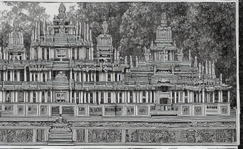 Prompt: sri lankan temple complex designed by borges, library of babel