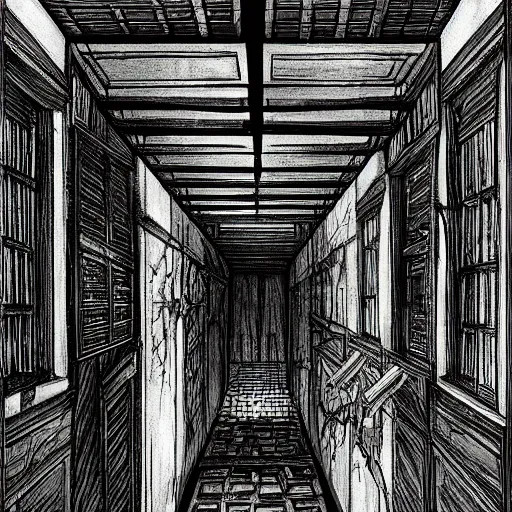 Prompt: a terrifying dark hallway with many doors and many stairs, impending doom, horror, Mc Escher architecture, epic composition, anime key visual