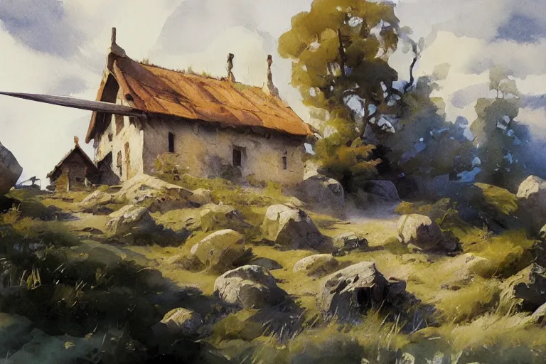 Image similar to small centered on white watercolor paper, paint brush strokes, abstract watercolor painting of prehistoric stone house, midday sharp light, dust, cinematic light, american romanticism by hans dahl, by jesper ejsing, by anders zorn, by greg rutkowski, by greg manchess, by tyler edlin