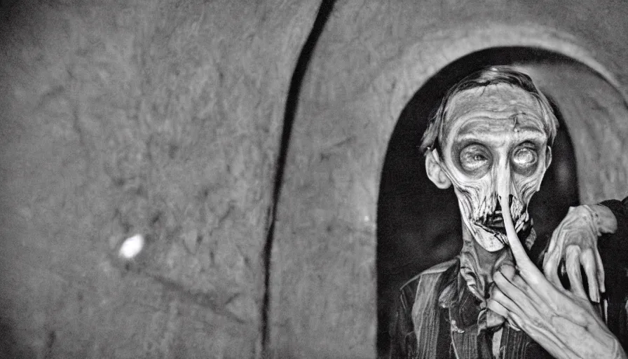 Prompt: 50s movie still close-up portrait of a skinny old male with a taxidermic mask and bones clothes in a liminal space style tunnel, early black and white 8mm, heavy grain, low quality,