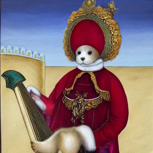 Image similar to portrait of a anthropomorphic baby harp seal dressed as an italian king, oil painting by sandra bottecelli