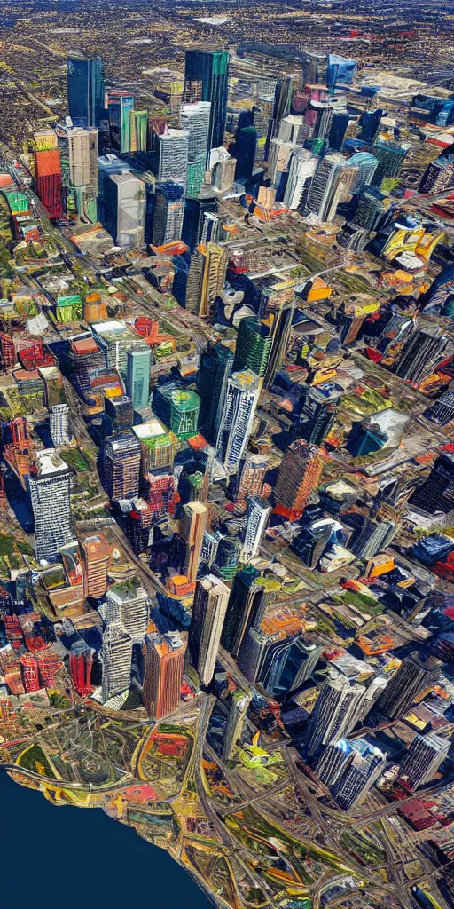 Image similar to hyper realistic photo of calgary city view from the sky, 1 6 k, hyper realistic, fractal art, art station, coherent design, symmetrical, vivid colour, complementary colour, golden ratio, detailed, sharp lines, intricate, rainbow shift, in unreal 3 d engine, ray tracing, octane render