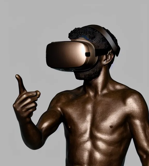 Image similar to a 4 k photorealistic photo medium shot of a bronze statue of a man wearing a vr headset.