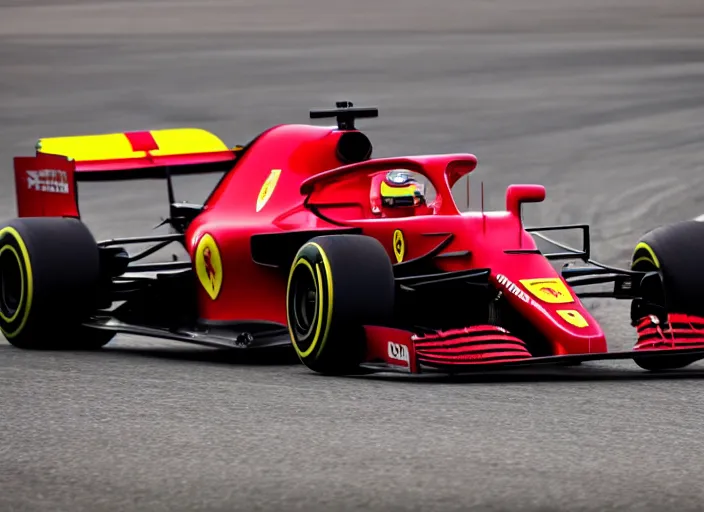 Prompt: live action photo of the 2 0 2 1 f 1 ferrari car, with clown sponsorship, 8 k, hdr, sports photography