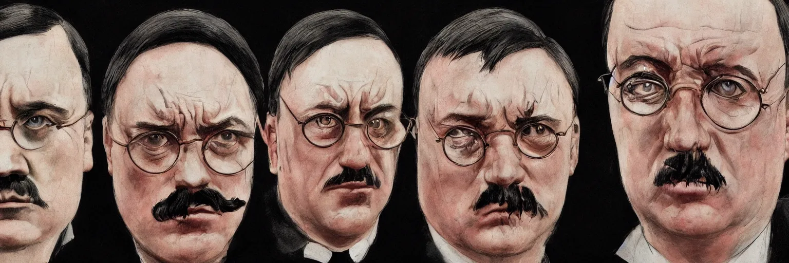 Prompt: colored character face study of crying mike patton and adolf hitler, clear, evil, glasses, sad, character sheet, fine details, concept design, contrast, kim jung gi, da vinci and francis bacon, trending on artstation, 8 k, 3 6 0 head, turnaround, front view, back view, ultra wide angle