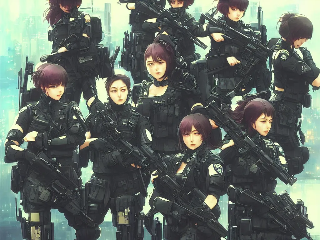 Image similar to anime key visual of a team of multiple female swat officer ready to attack, neon, cyberpunk, futuristic, stunning, highly detailed, digital painting, smooth, soft focus, illustration, movie poster, japanese typography, digital art from artstation by artgerm and greg rutkowski and alphonse mucha