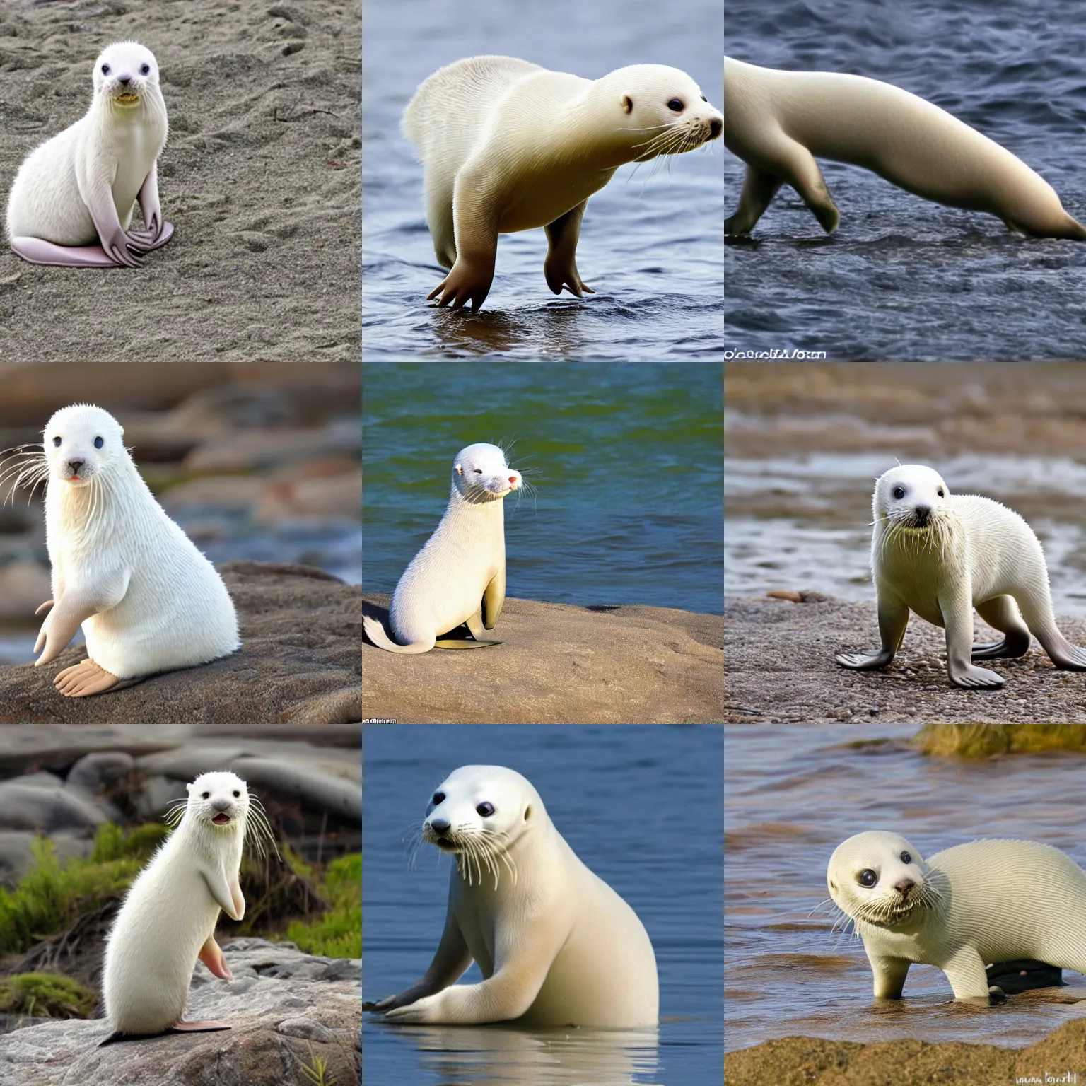 Prompt: bipedal albino amphibious otter seal hybrid with cute eyes, rabbit ears, and a big tail