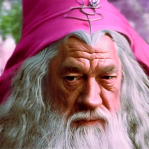 Image similar to gandalf wearing pink robes and a hello kitty hair clip, movie still from the lord of the rings