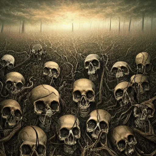 Prompt: a hyperrealistic painting of a psychedelic nightmare landscape, skulls, bones, by anton semenov and santiago caruso, highly detailed, vivid color,