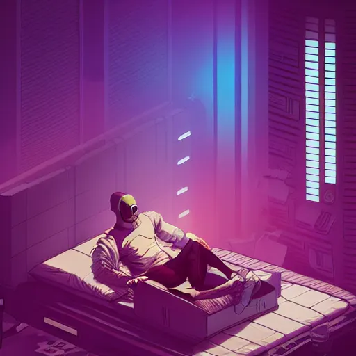 Image similar to a guy sitting on a bed in a room, cyberpunk art by Victor Mosquera, behance contest winner, panfuturism, darksynth, synthwave, retrowave