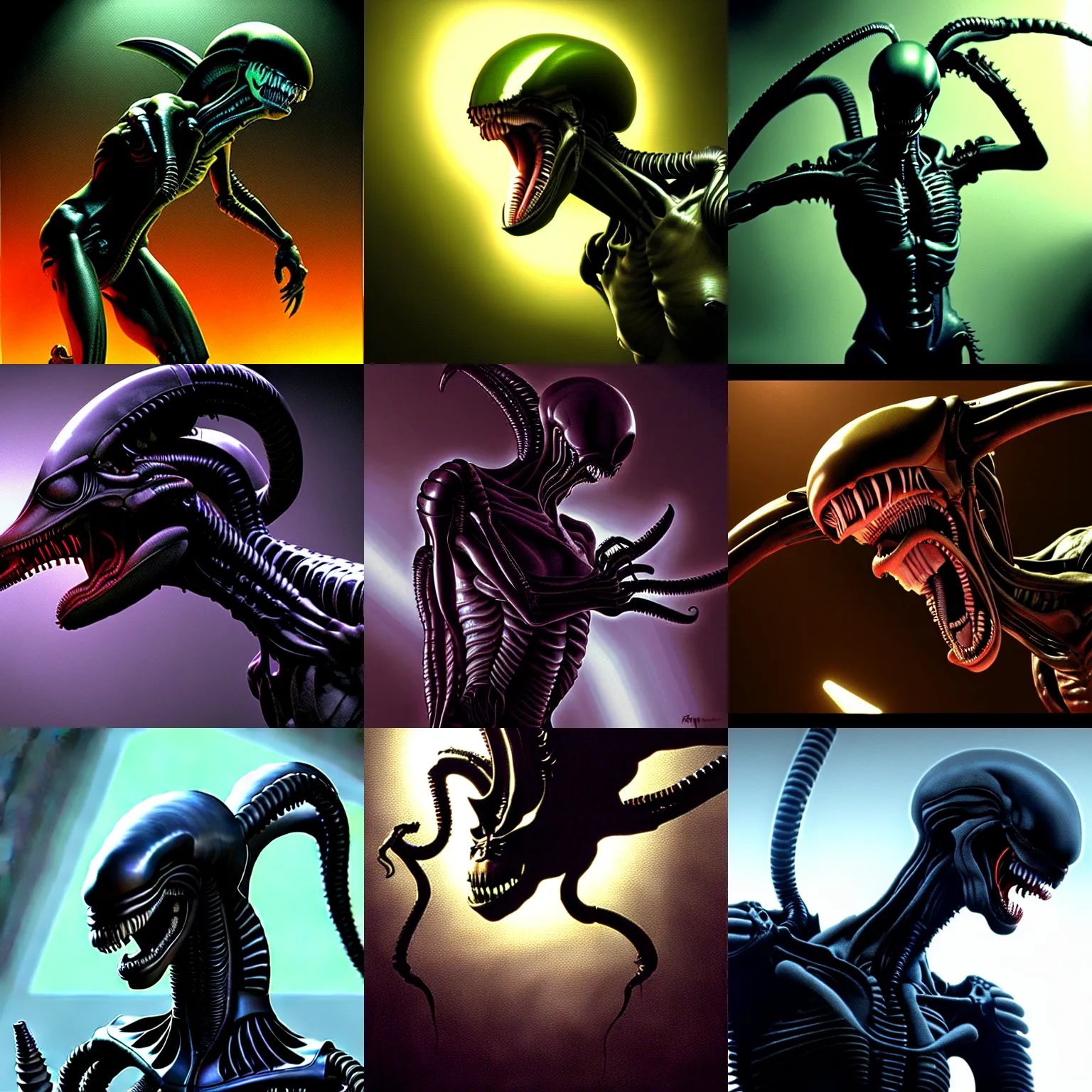 Prompt: xenomorph, alien movie scene, sigourney weaver, photorealistic, dramatic lighting