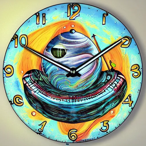 Image similar to misty deepfried hovering space sphere eel monster clock subcompact, by joe jusko and jackson pollock and georgia o'keefee, flat shading, detailed painting, seapunk