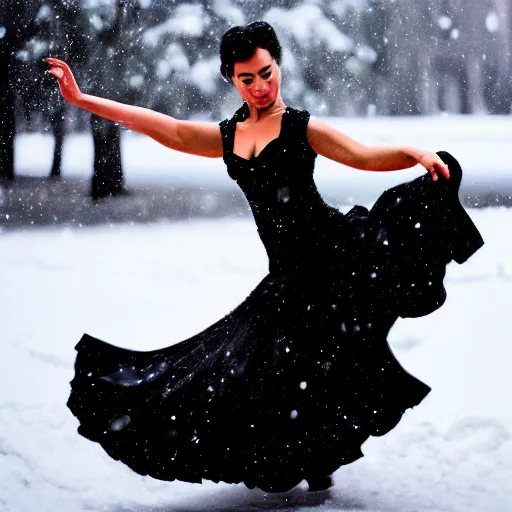 Image similar to beautiful woman dancing flamenco while snowing on snow