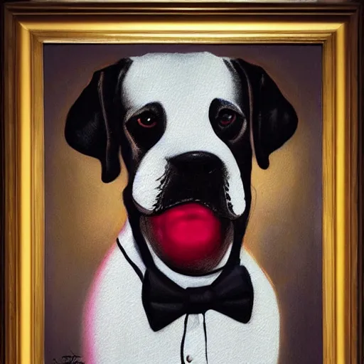 Image similar to a beautiful illustration painting of a dog in a tuxedo drinking whiskey in a dimly lit bar by Jerome Opeña featured on artstation, studio lighting, photorealistic digital art