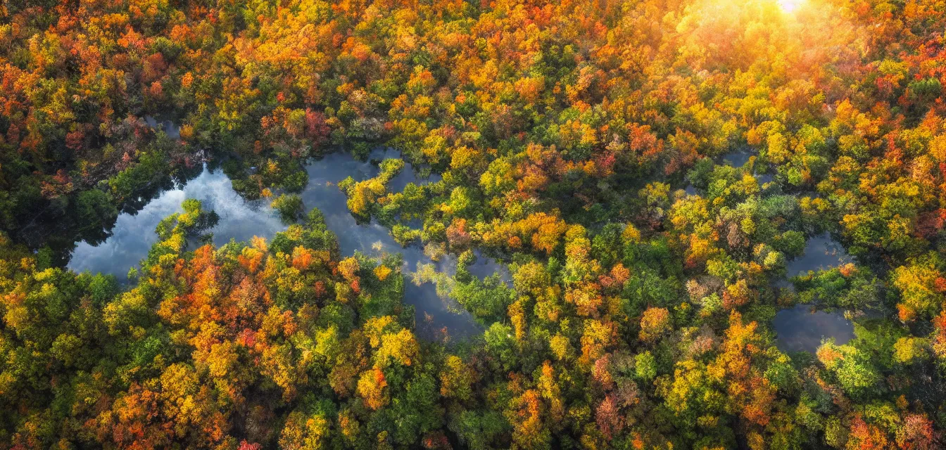 Image similar to stone cottages underneath a dense tall forest, pristine ponds. bodyscapes. fine painting intricate brush strokes, bright depth oil colors. 2 8 mm perspective photography by araken alcantara. intense promiseful happiness, autumn sunrise warm hdri forest light