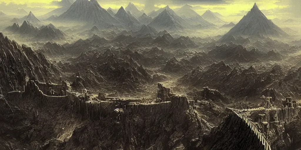 Prompt: “matte painting, helms deep, view from above, Bruce Pennington”