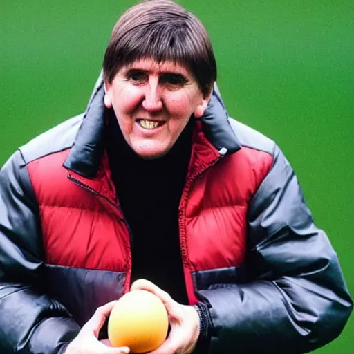 Prompt: peter beardsley wearing a puffa jacket surrounded by eggs